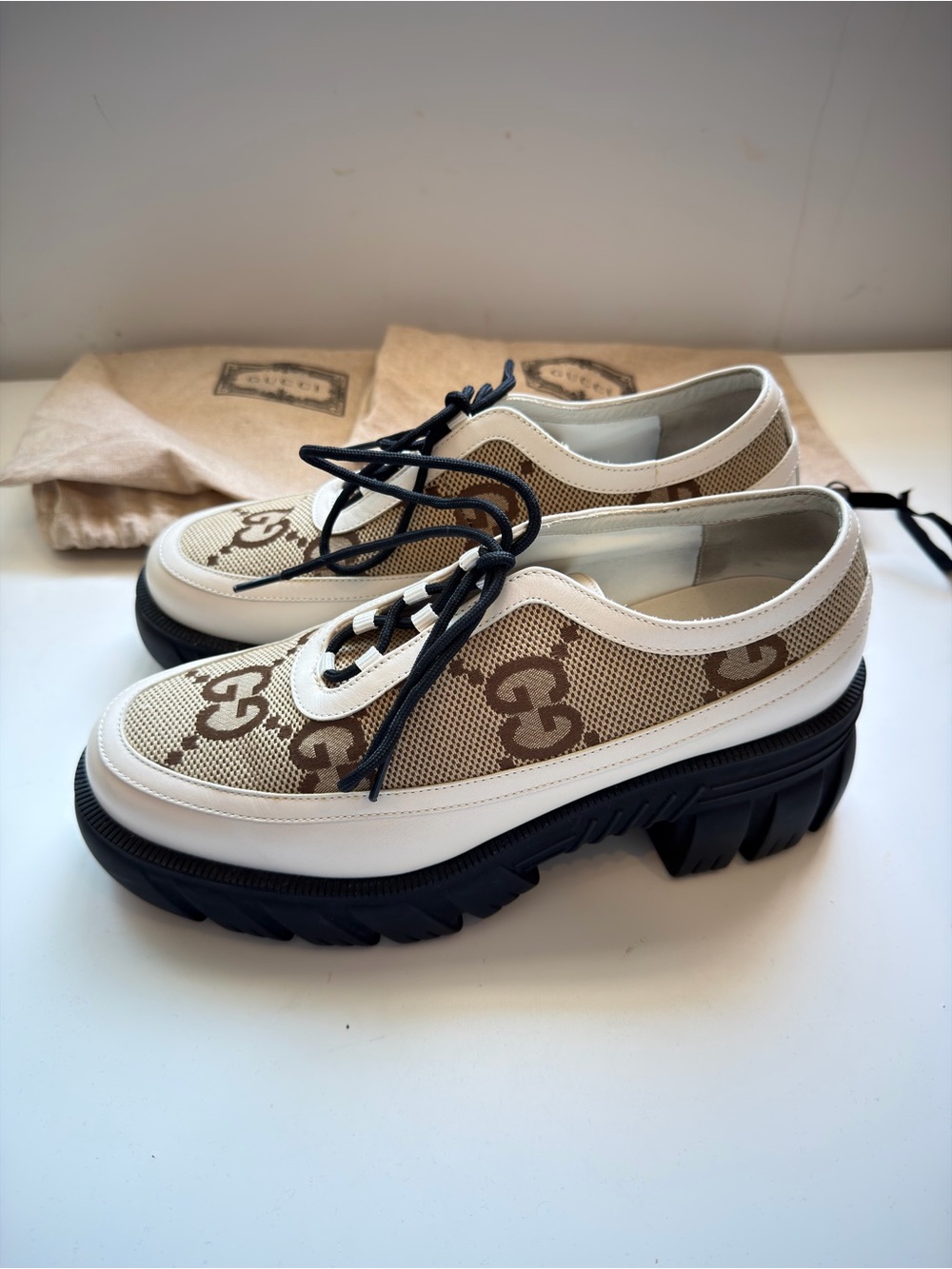 Gucci Cream and Brown Logo Lace-Up Platform Boots - Picture 3 of 4